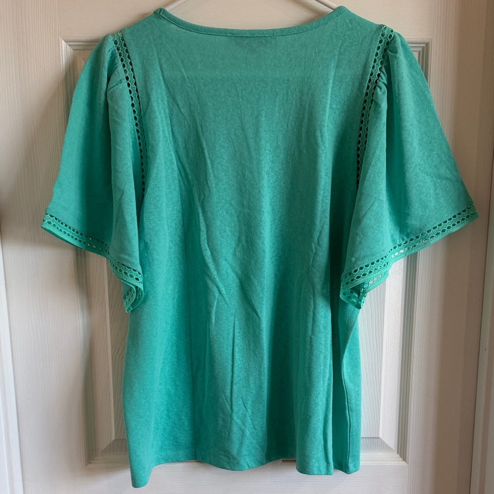NWT LOFT Teal Puff Sleeve Tee with Crochet Trim - Picture 5 of 9